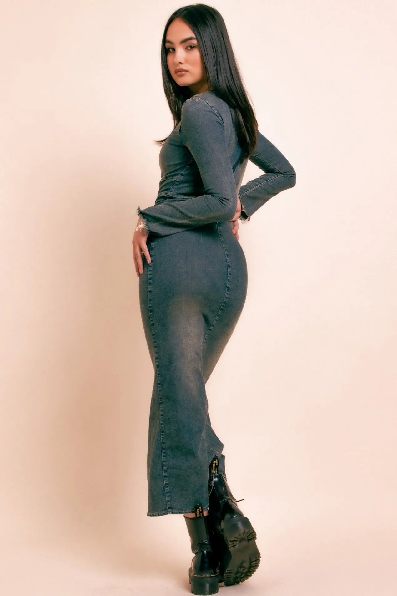 Women Daisy Street Partywear | Dresses-Washed Stretch Denim Maxi Dress With Contrast Stitching
