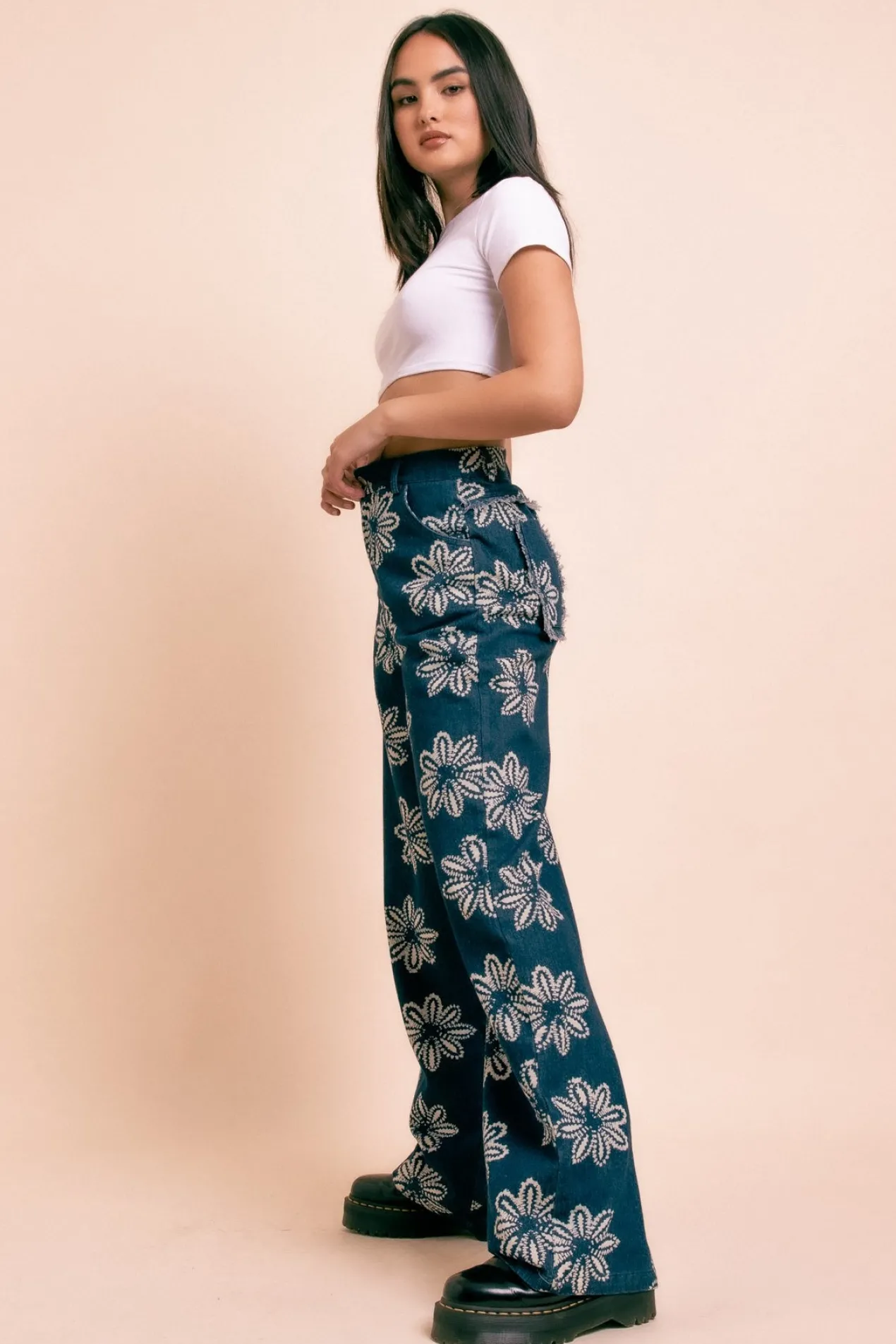 Women Daisy Street Trousers-Wide Leg Printed Denim Jeans