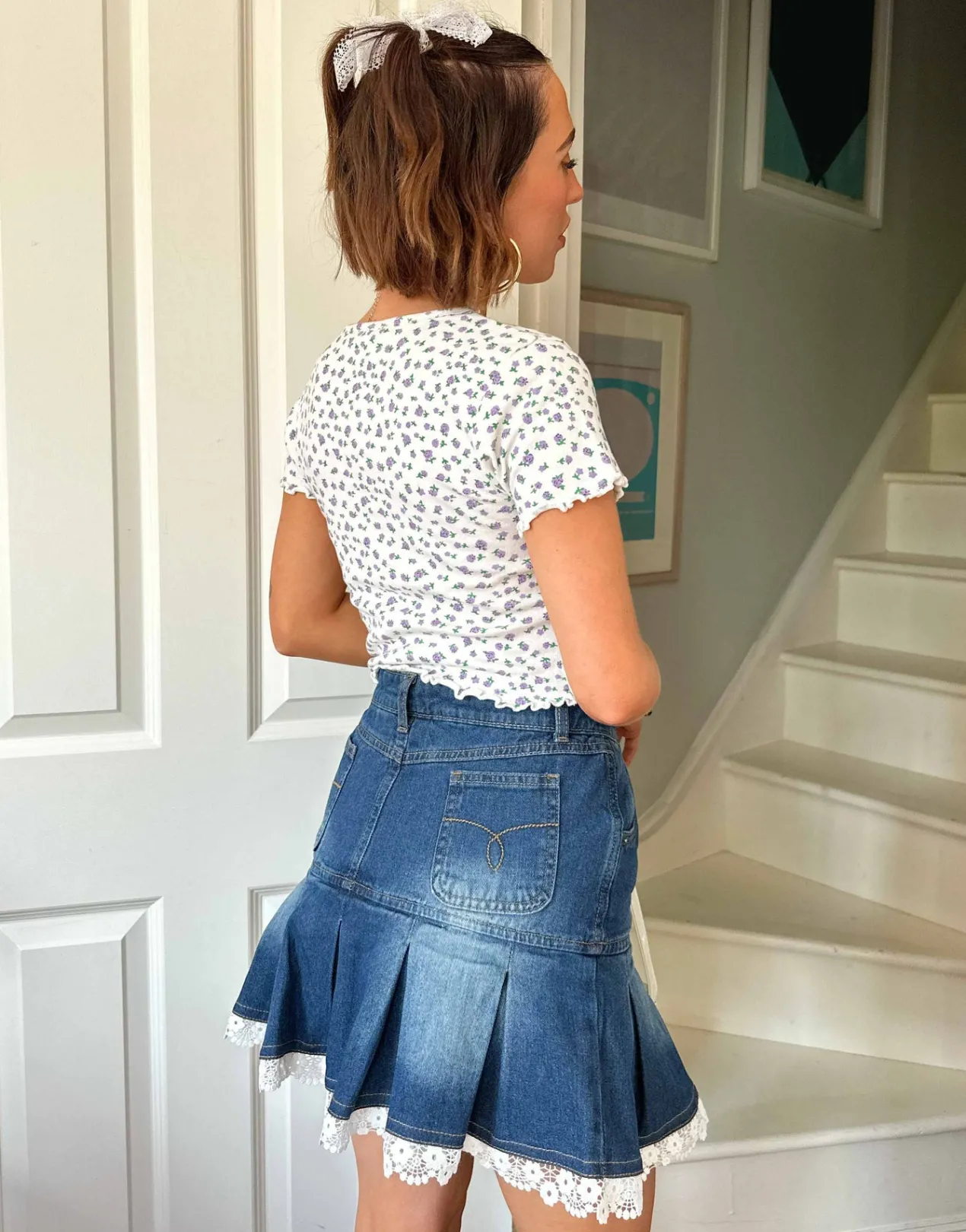 Women Daisy Street Skirts-x Chloe Davie Y2K Mini Pleated Denim Skirt with Lace Trim