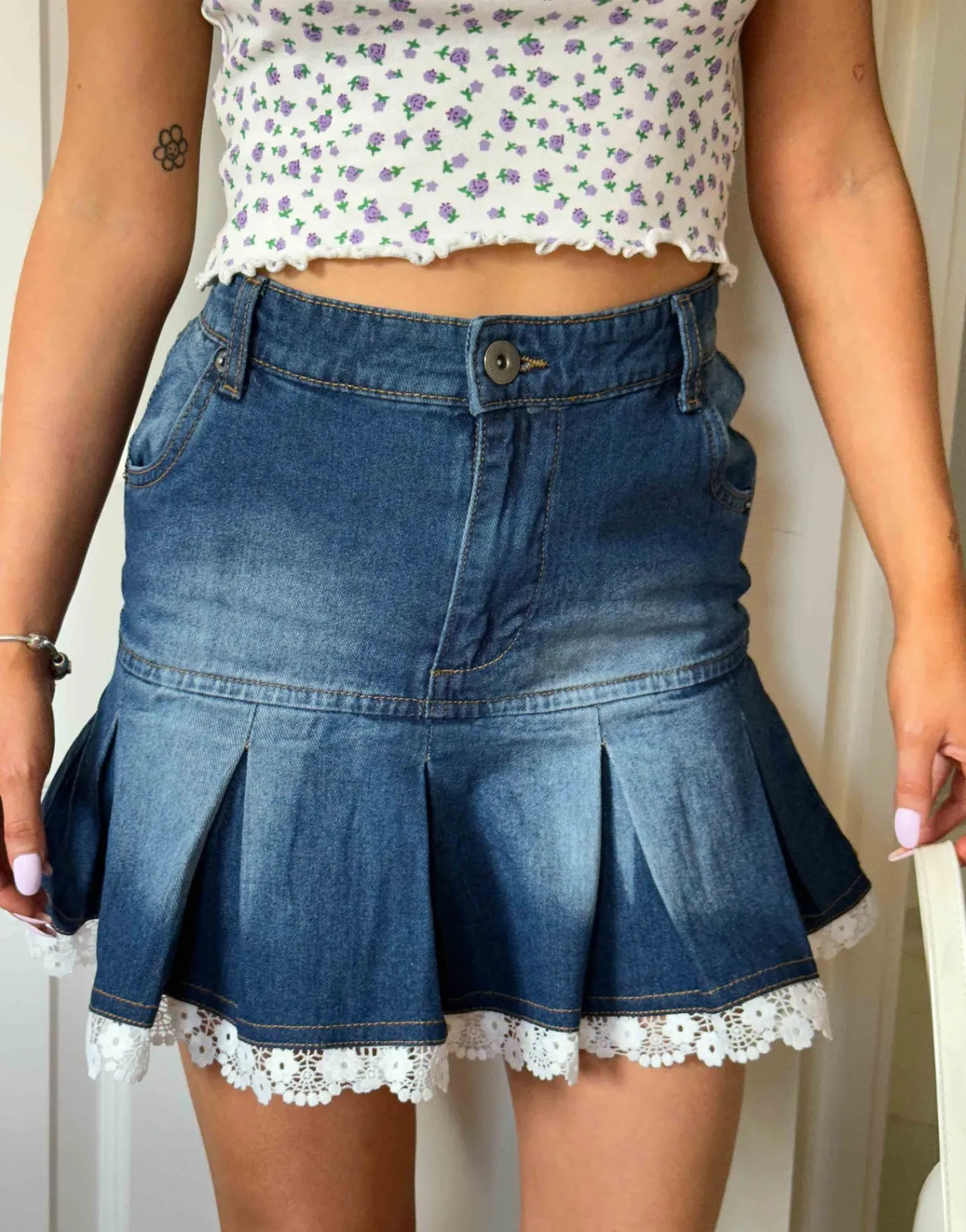 Women Daisy Street Skirts-x Chloe Davie Y2K Mini Pleated Denim Skirt with Lace Trim